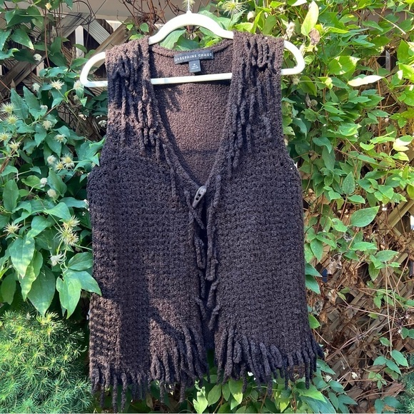 Vintage 90s Chocolate Brown Wool Knit Fringe Single Button Vest Medium - Picture 1 of 14